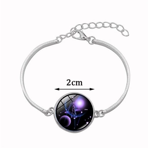 Libra zodiac charm bracelet with purple nebula glass pendant and silver curb chain