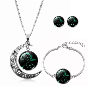 Detailed Sagittarius jewelry set with glass gem crescent moon necklace, bracelet and studs