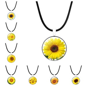 Collier Pendentif Tournesol Alliage Zinc Verre Temps Gemme Corde Cuir Noir Bijoux Mode Floral Accessoire Pour Femmes