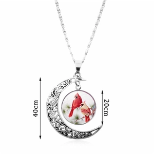 Collier lune argenté avec pendentif en verre d'oiseau cardinal et chaîne de 40 cm