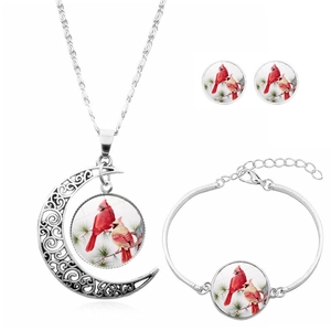 Collier Croissant De Lune Bracelet Boucles D'oreilles Oiseau Cardinal Rouge Alliage Verre Style Nature Rétro Bijoux Pour Femmes
