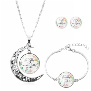 Parure De Bijoux Citation Écritures Alliage Verre Cabochon Lune Collier Bracelet Boucles D'oreilles Cadeau Floral