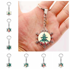 Christmas Snowflake Keychain Zinc Alloy Metal Glass Cabochon Festive Santa Snowman Bag Ornament Holiday Gift
