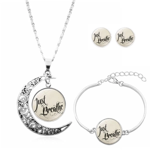 Just Breathe Letter Print Moon Pendant Necklace Bracelet Stud Earrings Alloy Glass Cabochon Retro Jewelry For Women