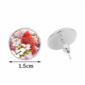 Cardinal bird glass earrings with white flowers and silver metal base, 1.5cm diameter