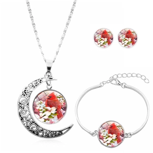 Vintage Northern Cardinal Bird Moon Necklace Bracelet Earrings Jewelry Alloy Glass Cabochon For Women Retro Style