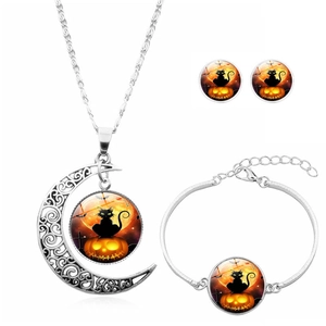 Bijoux Halloween Collier Bracelet Boucles D'oreilles Alliage Verre Chat Noir Citrouille Croissant De Lune Nuit