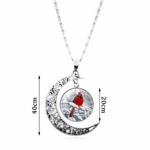 Northern Cardinal silver crescent moon pendant necklace with 20mm round red bird artwork