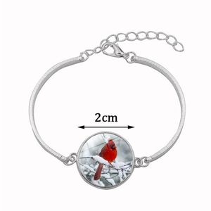 Silver bracelet set featuring a Red Cardinal glass pendant with winter bird motif