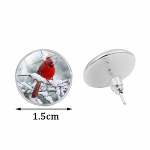 Northern cardinal bird round glass stud earrings with 1.5cm diameter silver base