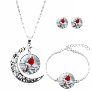 Northern Cardinal Bird Necklace Bracelet Earrings Alloy Glass Winter Snow Scene Crescent Moon Jewelry For Women