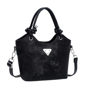 Retro black bucket bag with knot handles and silver triangle emblem on white backdrop