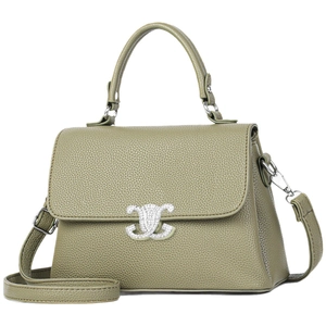 Olive green litchi texture crossbody bag with silver metal buckle and top handle