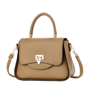 Elegant khaki lychee grain leather handbag with gold metal lock and shoulder strap
