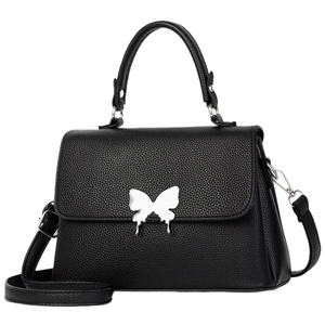 Schicke schwarze Lederhandtasche mit Lychee-Muster, silberner Schmetterlingsschnalle und Gurt