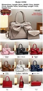 Detail view of glossy crocodile texture tote bag set with dimensions and color options