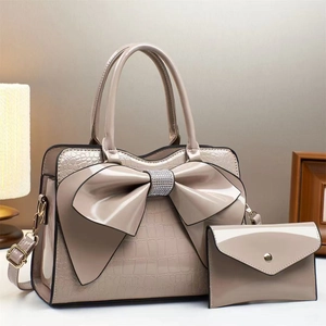 Chic beige crocodile embossed handbag set with large patent bow and chain strap