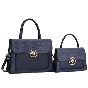 Two-piece navy blue composite handbag set with woven texture and gold ring buckle