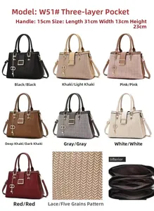 Detailed view of the three-layer internal structure and size specs of the handbag