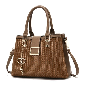 Elegant brown top handle crossbody bag for women with woven texture and gold clasp