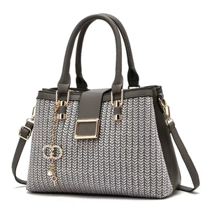 Dark gray textured crossbody handbag with wheat pattern and golden hardware accents