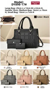 Detailed size chart for the three-piece fashion handbag set with precise dimensions