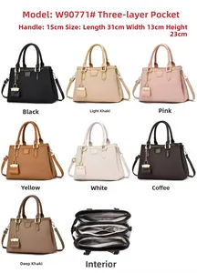 Detailed view showing seven color options and three-layer pocket structure of the handbag