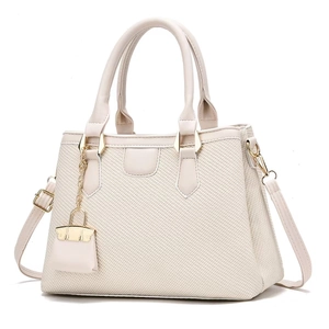 Chic beige woven texture handbag with top handles and adjustable crossbody strap