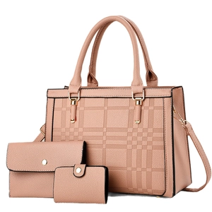 Pink 3-piece tote bag set with geometric lattice pattern and gold metal hardware