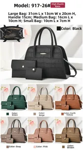 Three-piece handbag set with crocodile pattern embossing and multi-compartment interior