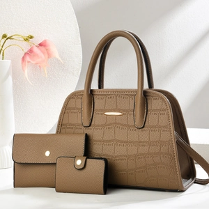 Three-piece brown crocodile embossed faux leather handbag set with gold-tone hardware