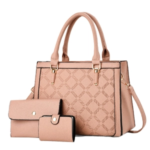 Three-piece women's dusty pink handbag set including tote, wallet, and card holder