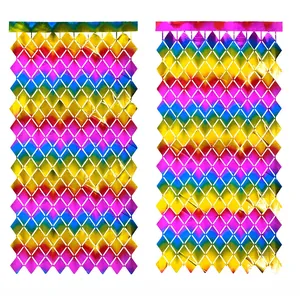 Detail of diamond-patterned metallic foil fringe curtain with vibrant color gradient