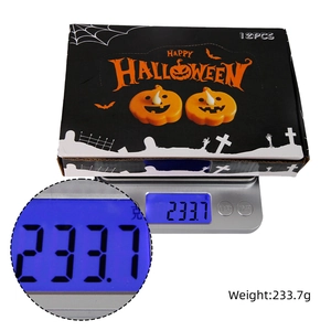Set of 12 LED pumpkin candle lights in holiday packaging shown on a digital scale