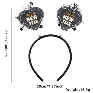 Happy New Year headband with black spring hearts and silver tassels, 23cm height