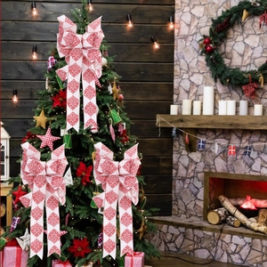 Three-piece set of red floral faux linen Christmas bows for festive holiday home decor