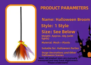 Detail of Halloween witch broom with purple mesh, orange ribbon, and LED light feature
