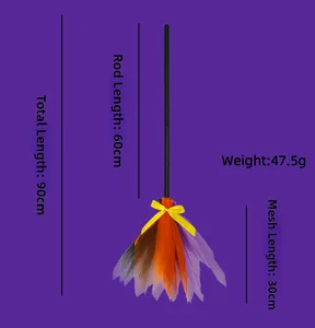 Detailed view of a 90cm Halloween witch broom featuring colorful mesh and a yellow bow