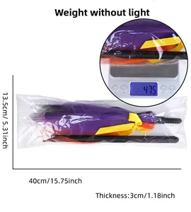 Detailed size chart and weight measurement of the purple mesh Halloween witch broom prop