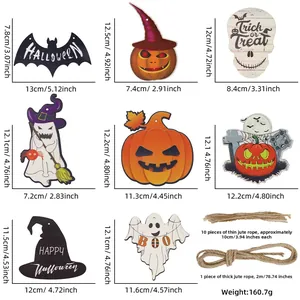 Detailed dimensions of Halloween wooden pendants set with twine and diverse holiday motifs