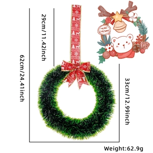 Detailed dimensions of a green tinsel Christmas wreath with red festive elk bow