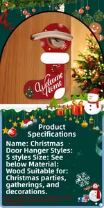 Detail of five wooden Christmas stocking door hangers with Welcome Home text and festive icons