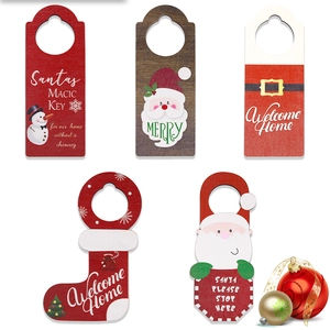 Set of five diverse wooden Christmas door hangers with snowman and Santa designs
