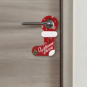 Christmas door hanger with festive Welcome Home text and snowman stocking design