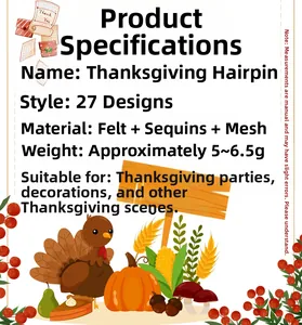 Detailed spec sheet for Thanksgiving turkey hair clips made of felt and tulle mesh fabrics