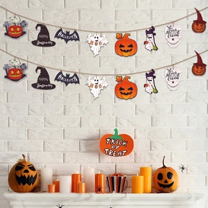 Halloween Wooden Hanging Sign Banner Set Pumpkin Ghost Bat Wizard Hat Skull Pattern DIY Party Decor Accessories