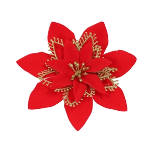 20cm red Christmas flower with three layers of gold glitter for DIY tree and wreath decor