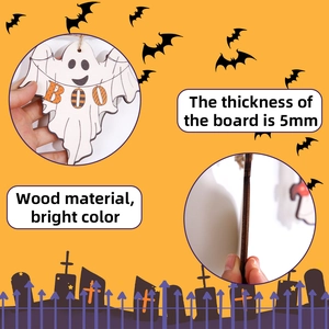 Halloween wooden ghost hanging sign with BOO text and 5mm thick wood material detail