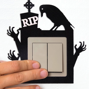 Halloween black felt switch cover with RIP tombstone and spooky hand silhouette