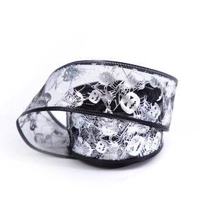 5cm black Halloween ribbon with silver pumpkin and spider web patterns for DIY party decor
